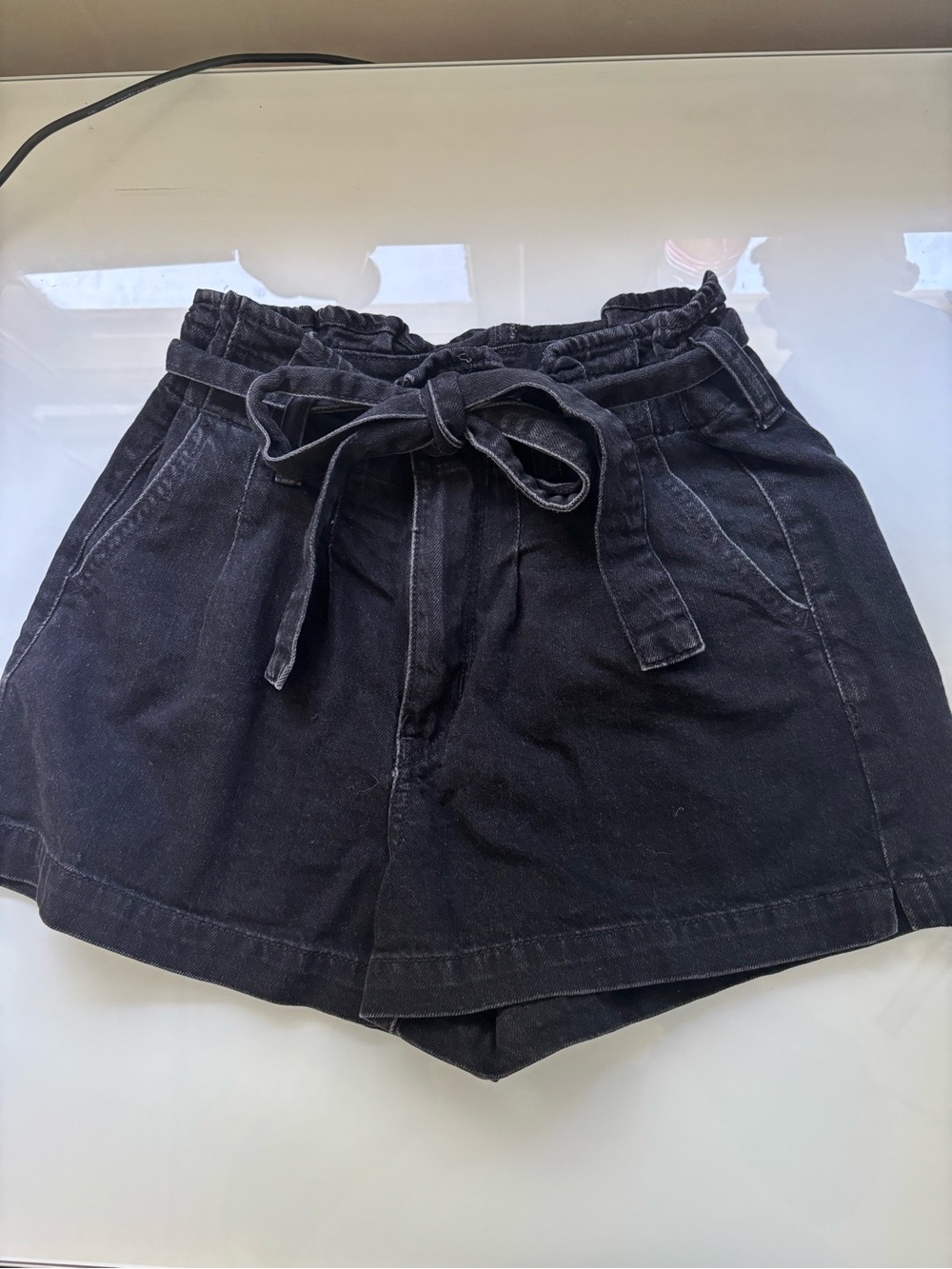 American Eagle Outfitters Black High-Waist Paperbag Tie Shorts